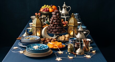 Festive Moroccan Inspired Ramadan Feast Spread with Dates Fruits and Lanterns on Blue Tablecloth