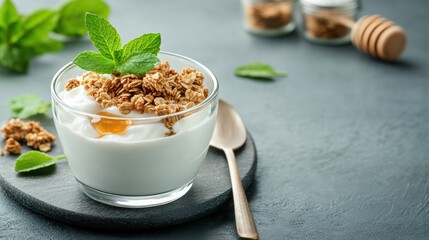 Delicious yogurt topped with crunchy granola and mint leaves, served on a slate plate for a refreshing breakfast or snack.