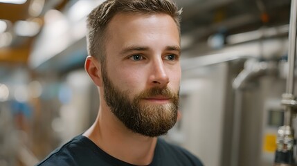 A focused industrial worker with a beard observes complex hinery in a blurred factory setting
