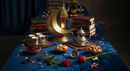 Decorative Ramadan Table Setting with Crescent Moon Lantern Books Tea Set and Flowers
