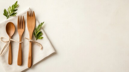 Elegant wooden cutlery arranged with fresh herbs on a minimalist background, perfect for culinary presentations and dining aesthetics.