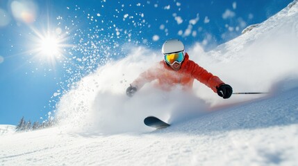 Exciting skier carving through fresh snow under a bright sun, showcasing the thrill of winter sports and adventure.