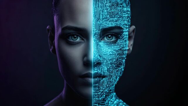 Half face human face circuit pattern glowing blue futuristic cybernetic portrait merged enigmatic