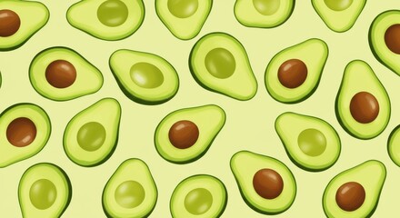 Fresh Avocado Halves Patterned on a Light Green Background, Food Illustration