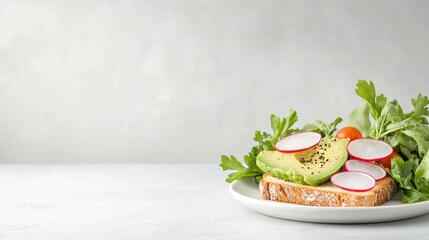 Fresh avocado toast topped with radishes and arugula, perfect for a healthy breakfast or snack.