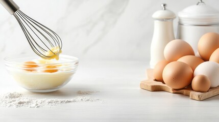 Fresh ingredients for baking: eggs, milk, and flour displayed with kitchen tools on a clean marble surface.