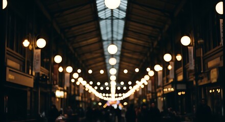 Indoor Market with Warm Lighting and Bright Bulbs in Historic Shopping Arcade