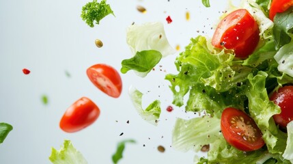 Fresh vegetables falling together, creating a vibrant and colorful salad scene. Perfect for health and cooking themes.