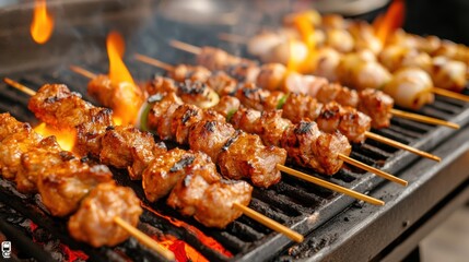 Grilled meat skewers over a blazing fire, showcasing delicious barbecue delights perfect for summer gatherings.