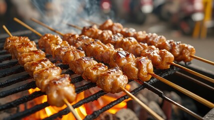 Grilled skewers of savory meat, perfectly cooked over an open flame, creating a delicious smoky aroma and appetizing golden color.