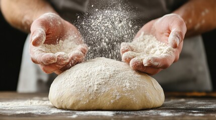 Hands sprinkle flour over freshly kneaded dough, showcasing the art of baking and the joy of homemade bread preparation.
