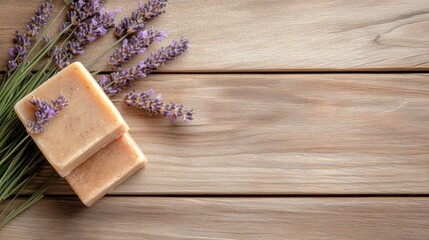 Lavender soap on wooden surface with lavender flowers, ideal for promoting relaxation and natural skincare.
