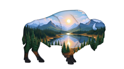 Bison Silhouette Filled with Mountain Landscape and Sunset