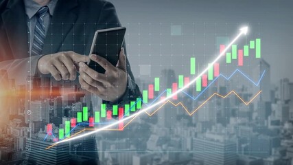 A businessman studies stock market trends on his smartphone with financial graphs displayed against a bustling city backdrop, representing modern financial analysis. Copula - Powered by Adobe