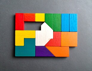 A flat lay showcases a puzzle crafted from colorful wooden blocks, arranged within a rectangular frame. The pieces are interlocked