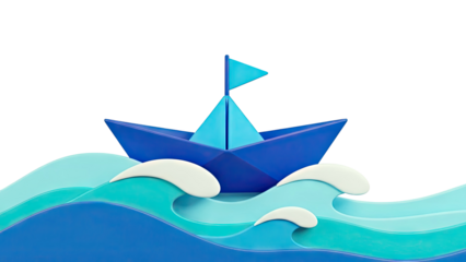 Blue Paper Boat Sailing on Stylized Waves