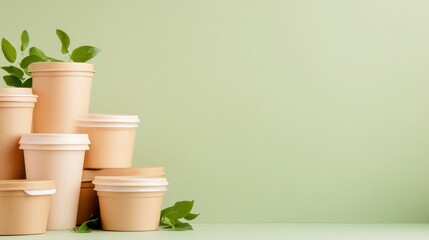 Stacked eco-friendly containers against a soft green backdrop, perfect for takeaway meals and promoting sustainability in food packaging.