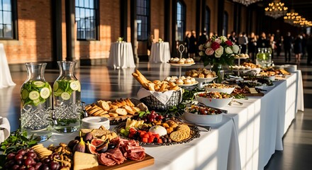 Buffet Table with Fresh Fruits Snacks and Beverages in Elegant Event Venue