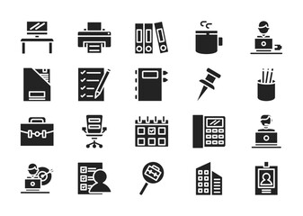 Office thin glyph icon set. Containing work desk, printer, filing, coffee, worker, box file, checklist, book