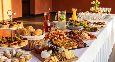 Buffet Table with Assorted Pastries Fruits and Beverages in Bright Room