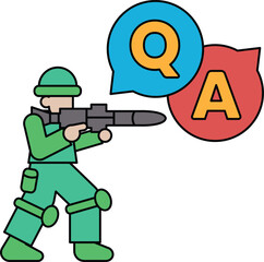 Naklejka premium A man in a military uniform is holding a gun and pointing it at a question mark