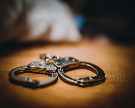 Close-up of professional steel handcuffs with detailed keyhole and ratchet on a flat surface, symbolizing incarceration and the penal system for correctional facility promotions