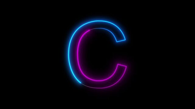 Glowing neon English capital letter C animation on a black background. Modern neon typography perfect for logo reveals, titles, intros, education, branding, motion graphics, and futuristic designs.