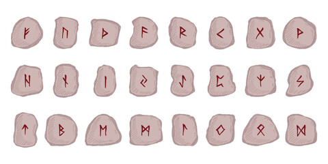 Set of hand drawn viking runes Rune stones with ancient norse alphabet characters engraved on them Scandinavian futhark germanic celtic Single element for design, print, web, decor