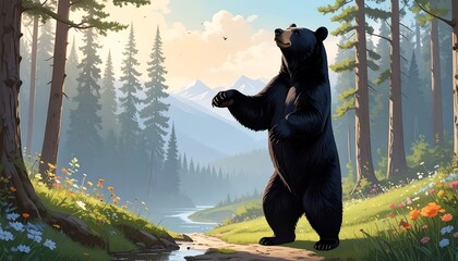 A black bear stands on a path in a forest, looking up at a flying insect