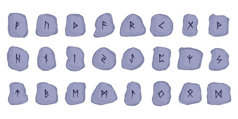 Set of hand drawn viking runes Rune stones with ancient norse alphabet characters engraved on them Scandinavian futhark germanic celtic Single element for design, print, web, decor