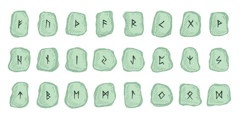 Set of hand drawn viking runes Rune stones with ancient norse alphabet characters engraved on them Scandinavian futhark germanic celtic Single element for design, print, web, decor