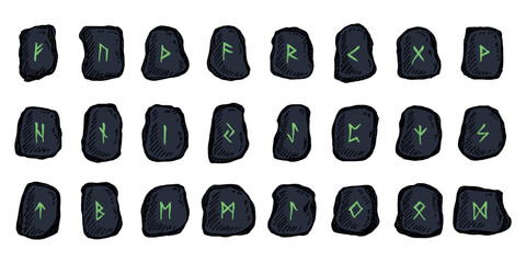 Set of hand drawn viking runes Rune stones with ancient norse alphabet characters engraved on them Scandinavian futhark germanic celtic Single element for design, print, web, decor