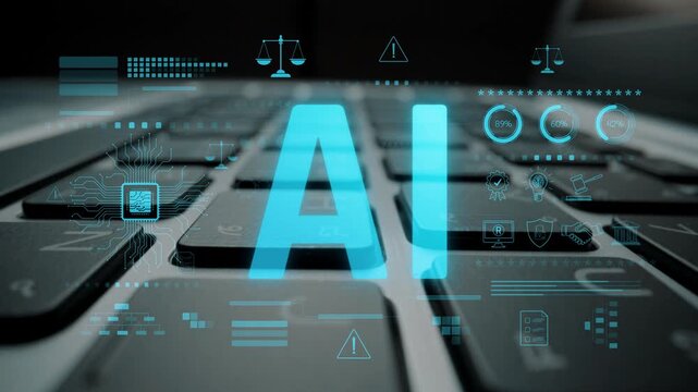 AI circuit microchip with glowing blue lines, surrounded by legal scales, warning symbols, data sheets, and binary codes, representing ethical AI, AI governance, and data integrity Marrow