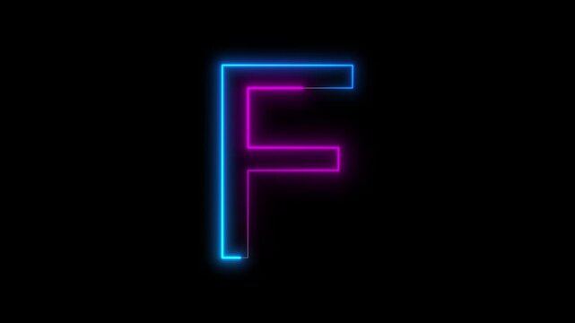 Glowing neon English capital letter F animation on a black background. Modern neon typography perfect for logo reveals, titles, intros, education, branding, motion graphics, and futuristic designs.