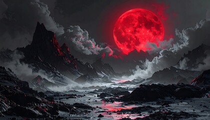 A dramatic landscape featuring jagged mountains, a reflective waterway, and a massive, glowing red celestial body dominating the sky