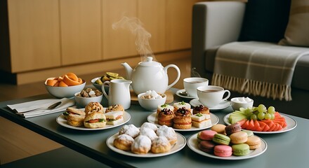 Elegant Breakfast Table with Assorted Pastries Fruits Tea and Coffee in Cozy Modern Living Room