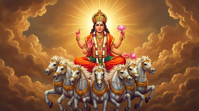 Divine lord surya narayan on chariot with white horses amidst clouds for surya puja and surya shashti worship or ratha saptami and bhanu saptami religious occasion