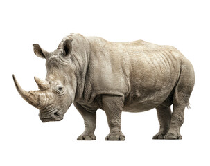 Obraz premium Large, grey rhino stands in profile against a solid black background