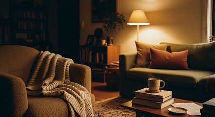 Cozy Living Room Scene Warm Lighting Soft Sofa and Armchair with Blanket and Coffee Mug