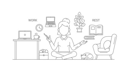 Balanced Work-Life Concept: Woman Meditating Between Work and Rest Elements