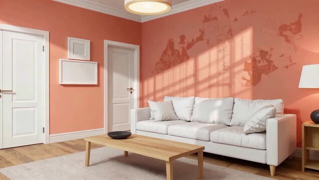 Bright Orange Living Room With White Sofa Interior.