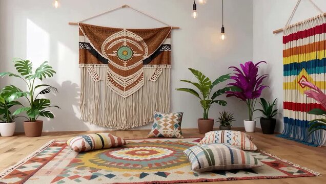 Boho Cozy Interior Decor With Tapestry And Plants.