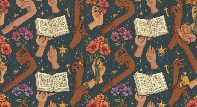 Diverse Hands Holding Books and Flowers, a Mystical Pattern