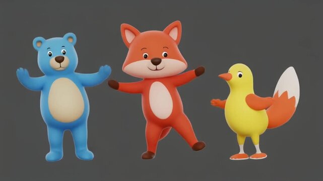 Cute cartoon bear fox and bird dancing character pack