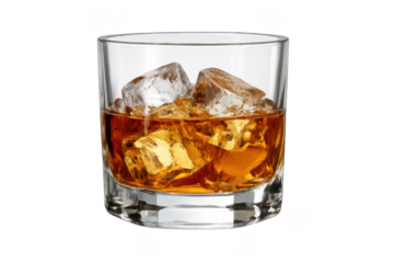 Whiskey on the rocks in a glass with ice