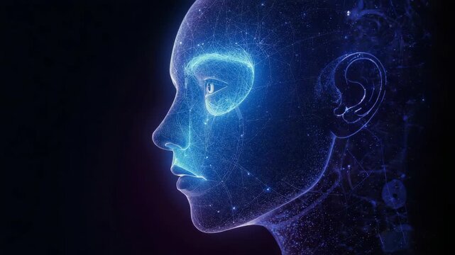 Futuristic android face profile illuminated by blue neural network lights, contemplative calm