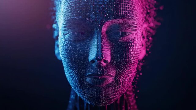 Digital human face mesh neon blue glowing particles and cubes futuristic humanoid visage