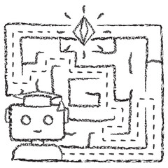 Obraz premium Vector icon of AI reinforcement learning and robotic navigation. Dark brown charcoal sketch on transparent background. Features a robot finding a path through a maze to a reward