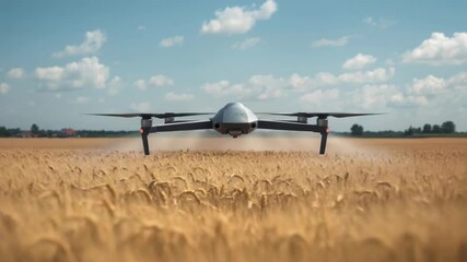 Drone flying low over golden wheat field blue sky peaceful agricultural survey of crop and distant