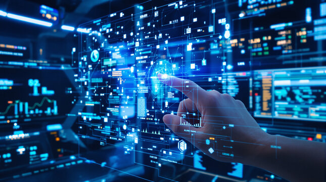 A professional interacting with a futuristic multi-monitor workstation in a high-tech environment